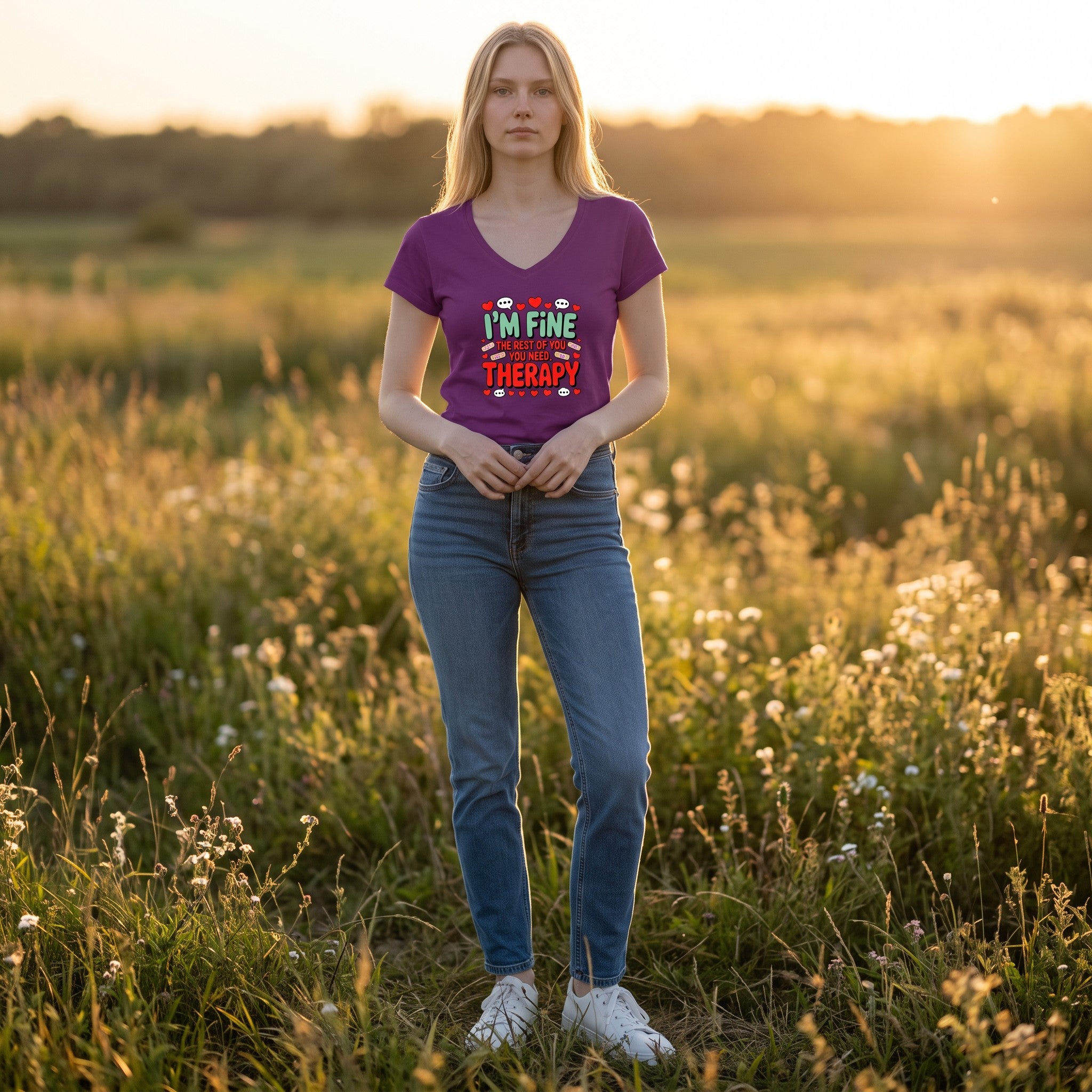Dames T-shirt - I`m fine – V-hals met print – korte mouw – comfortabel katoen