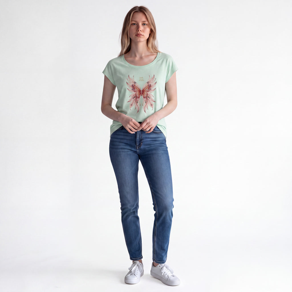 Dames shirt - light mint -dames wide neck tee - met print – korte mouw – comfortabel katoen - Butterfly