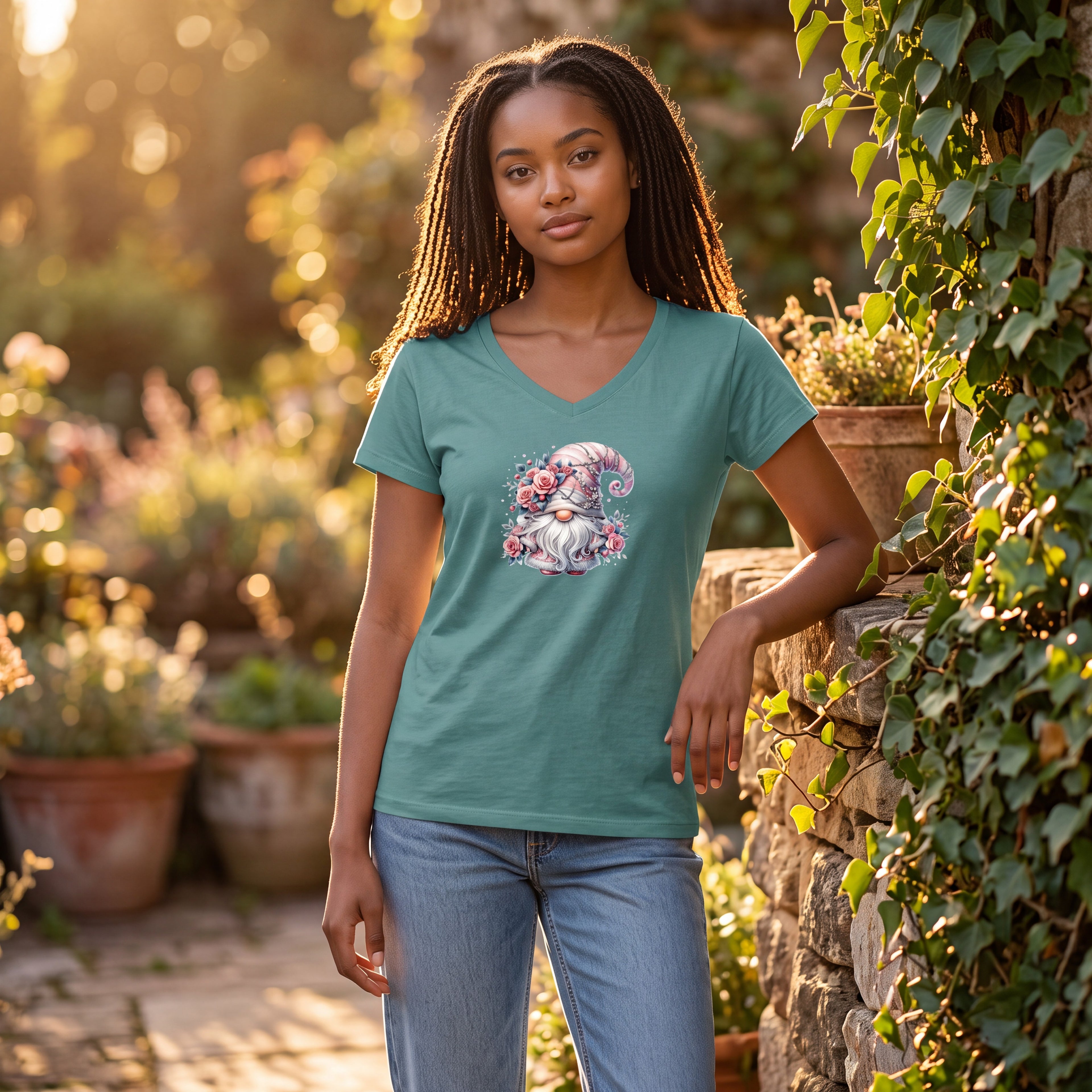 Dames T-shirt - Kobold – V-hals met print – korte mouw – comfortabel katoen