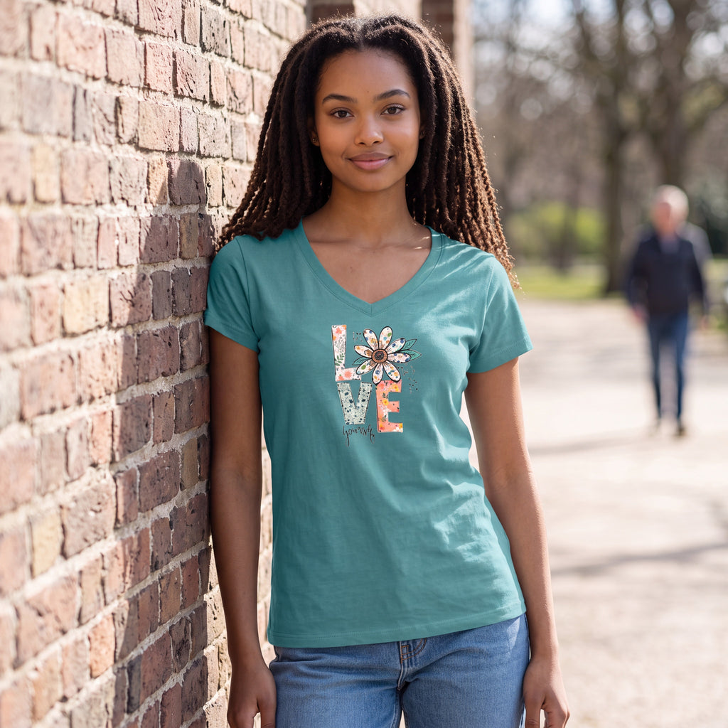 Dames T-shirt - Love yourself - V-hals met print – korte mouw – comfortabel katoen
