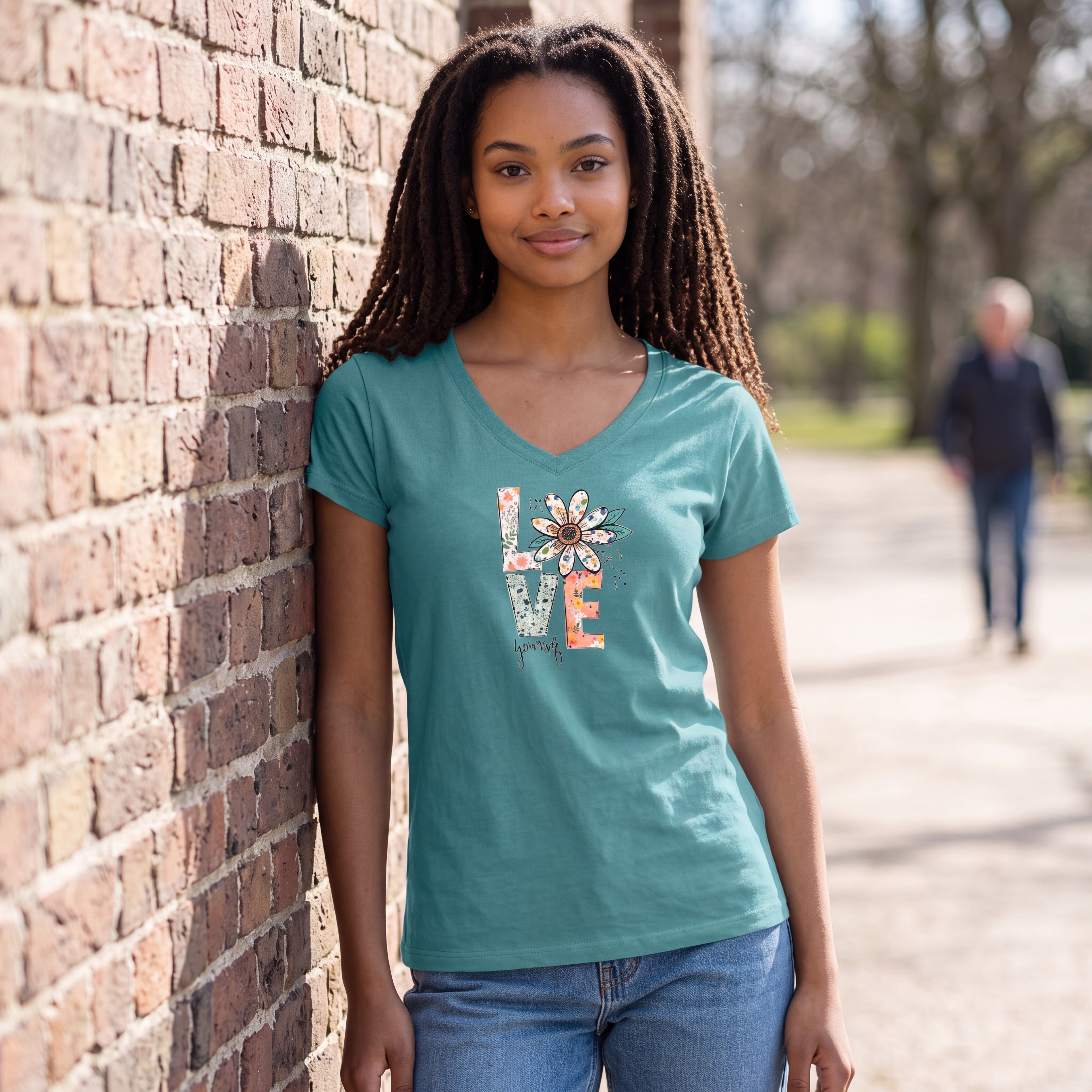 Dames T-shirt - Love yourself - V-hals met print – korte mouw – comfortabel katoen