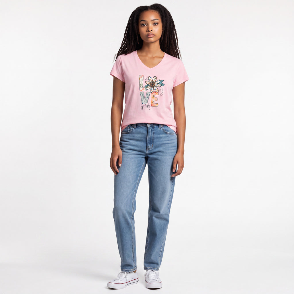 Dames T-shirt - Love yourself - V-hals met print – korte mouw – comfortabel katoen