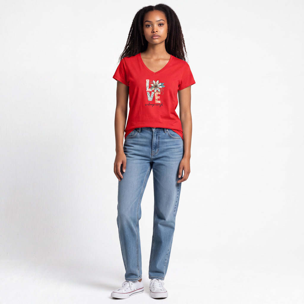 Dames T-shirt - Love yourself - V-hals met print – korte mouw – comfortabel katoen