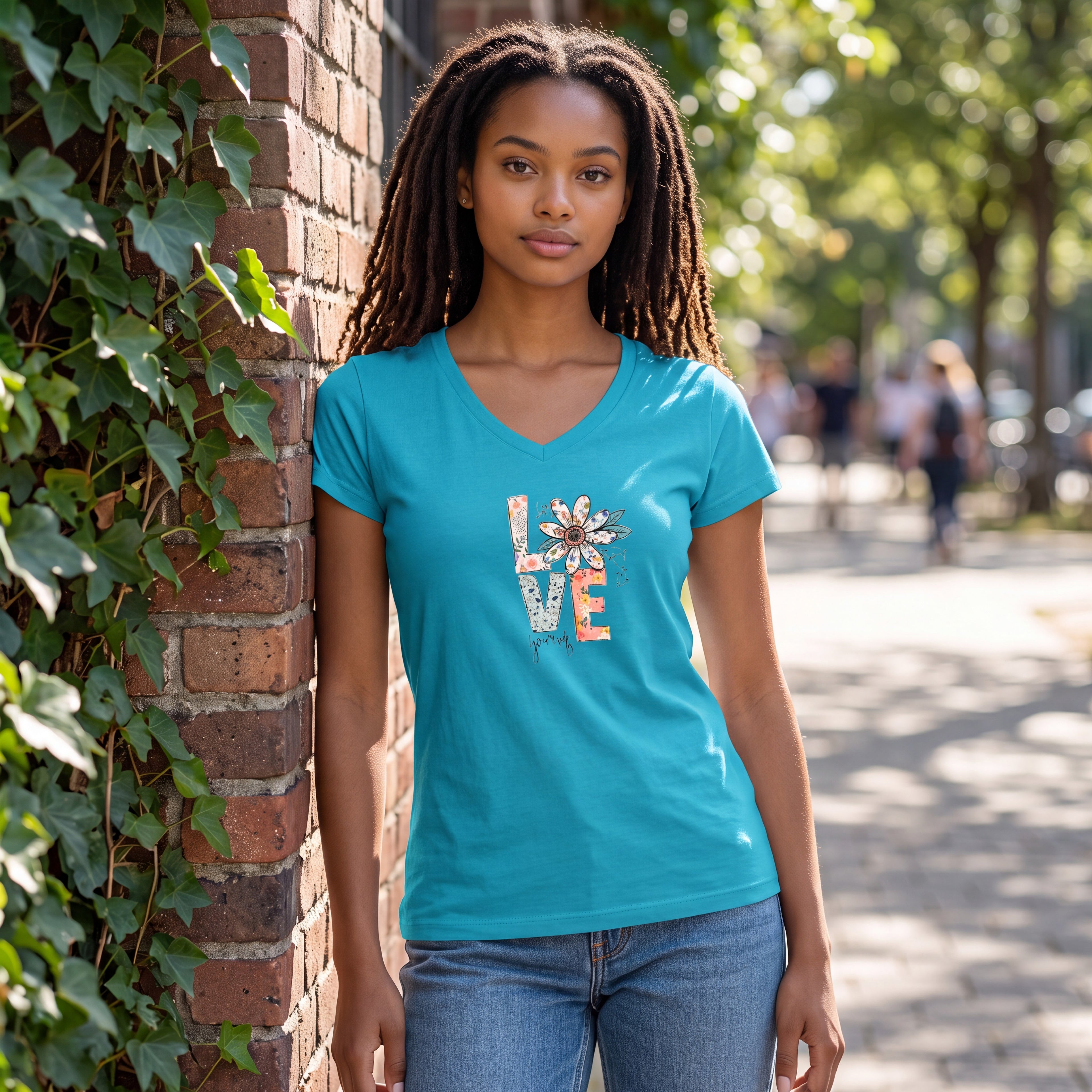 Dames T-shirt - Love yourself - V-hals met print – korte mouw – comfortabel katoen