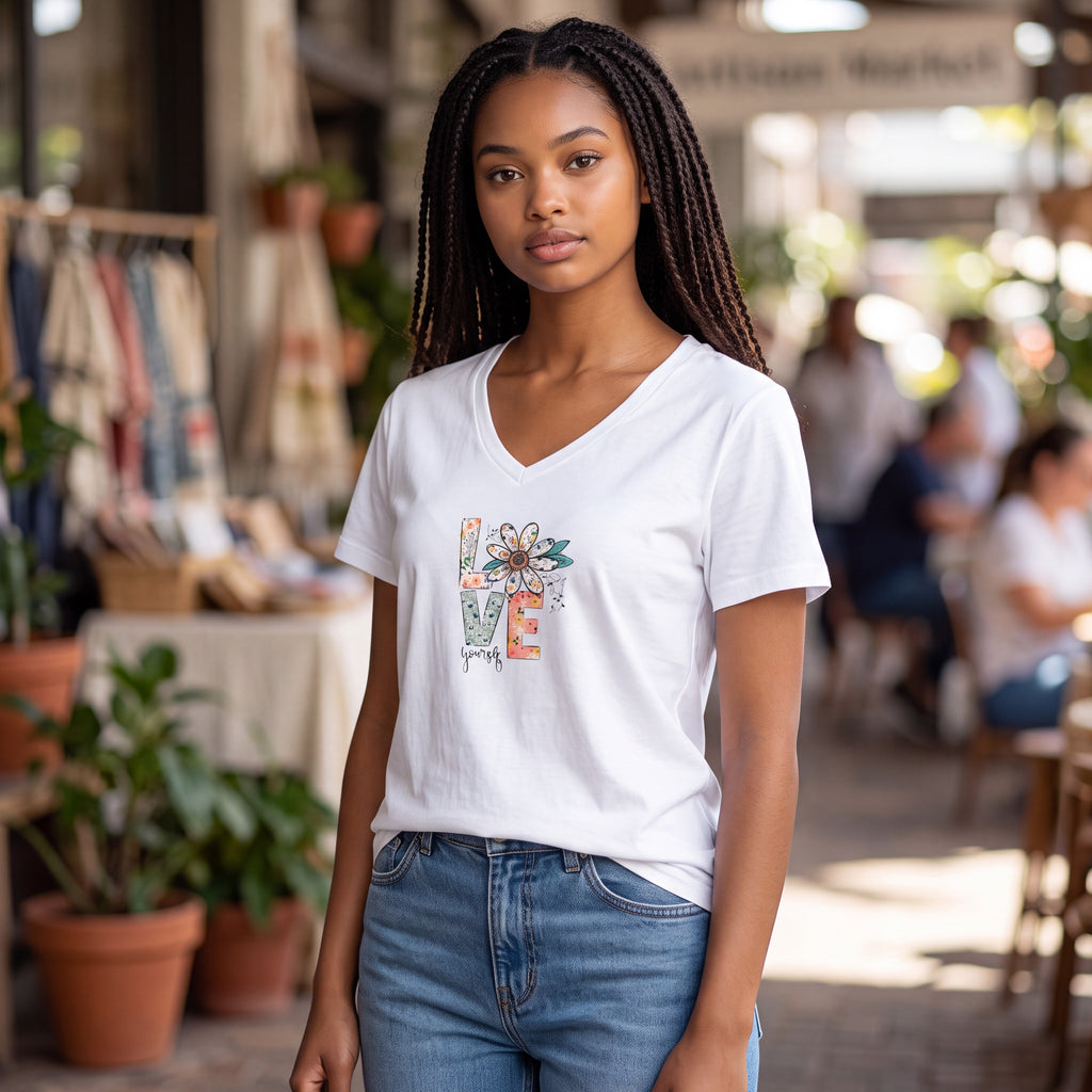 Dames T-shirt - Love yourself - V-hals met print – korte mouw – comfortabel katoen