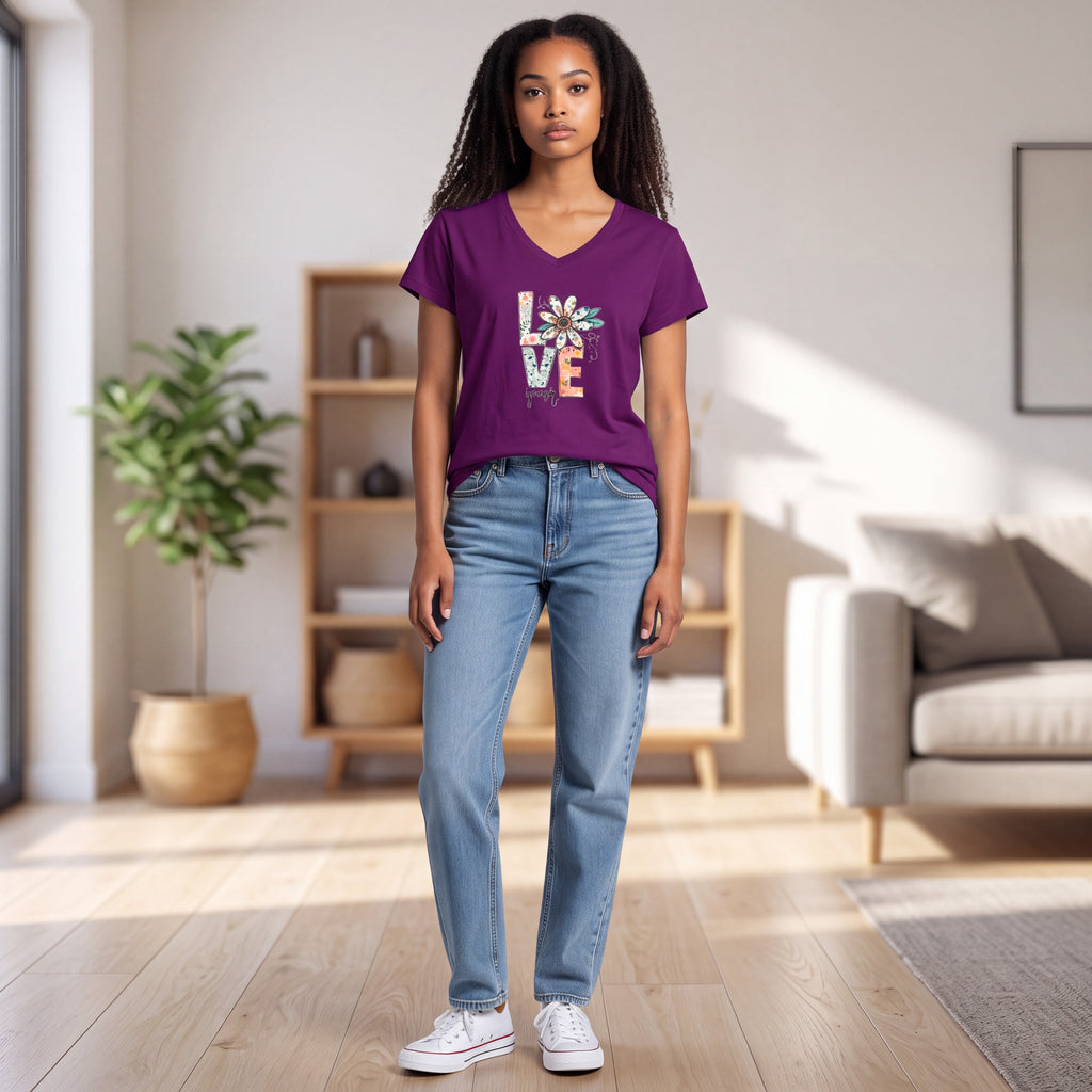Dames T-shirt - Love yourself - V-hals met print – korte mouw – comfortabel katoen