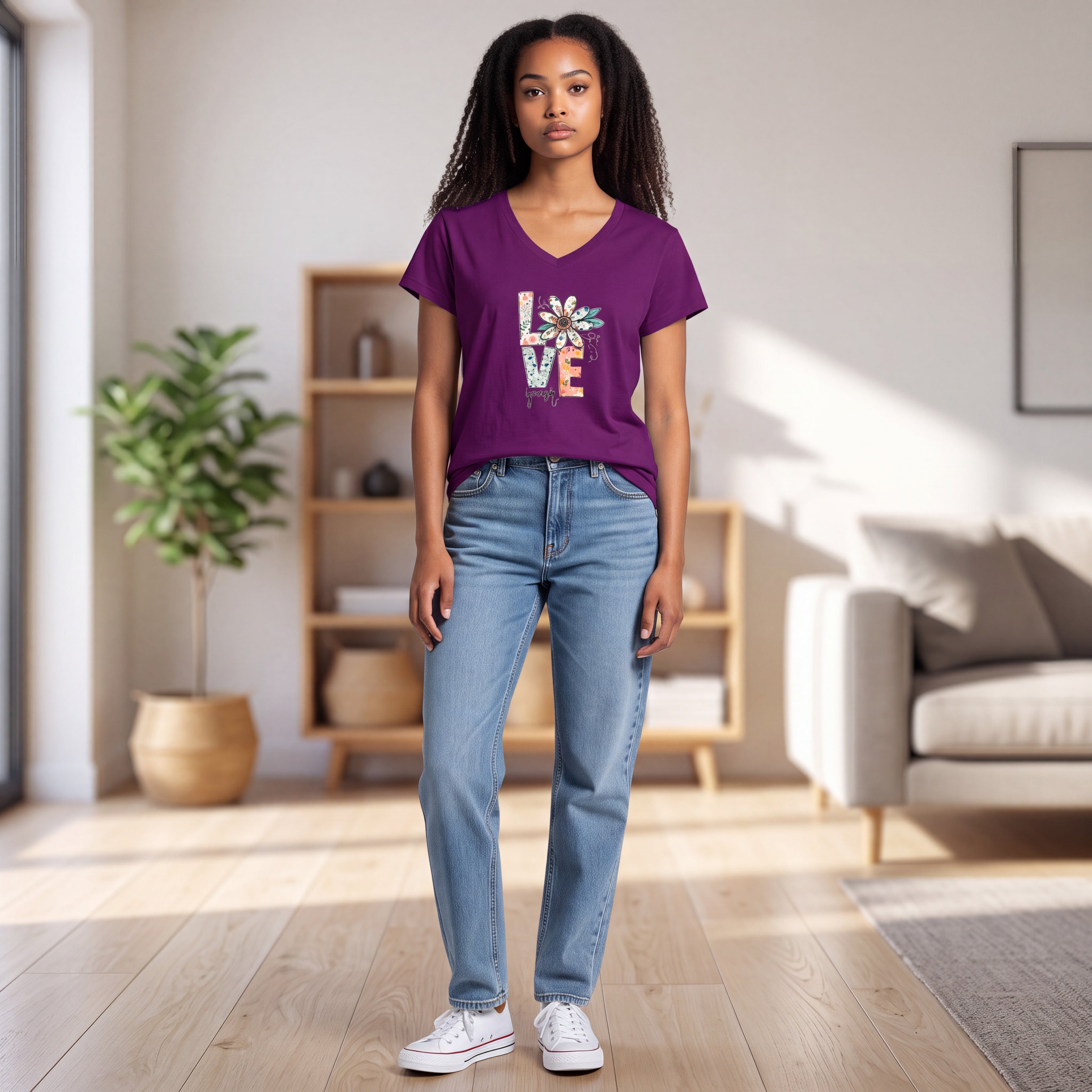Dames T-shirt - Love yourself - V-hals met print – korte mouw – comfortabel katoen