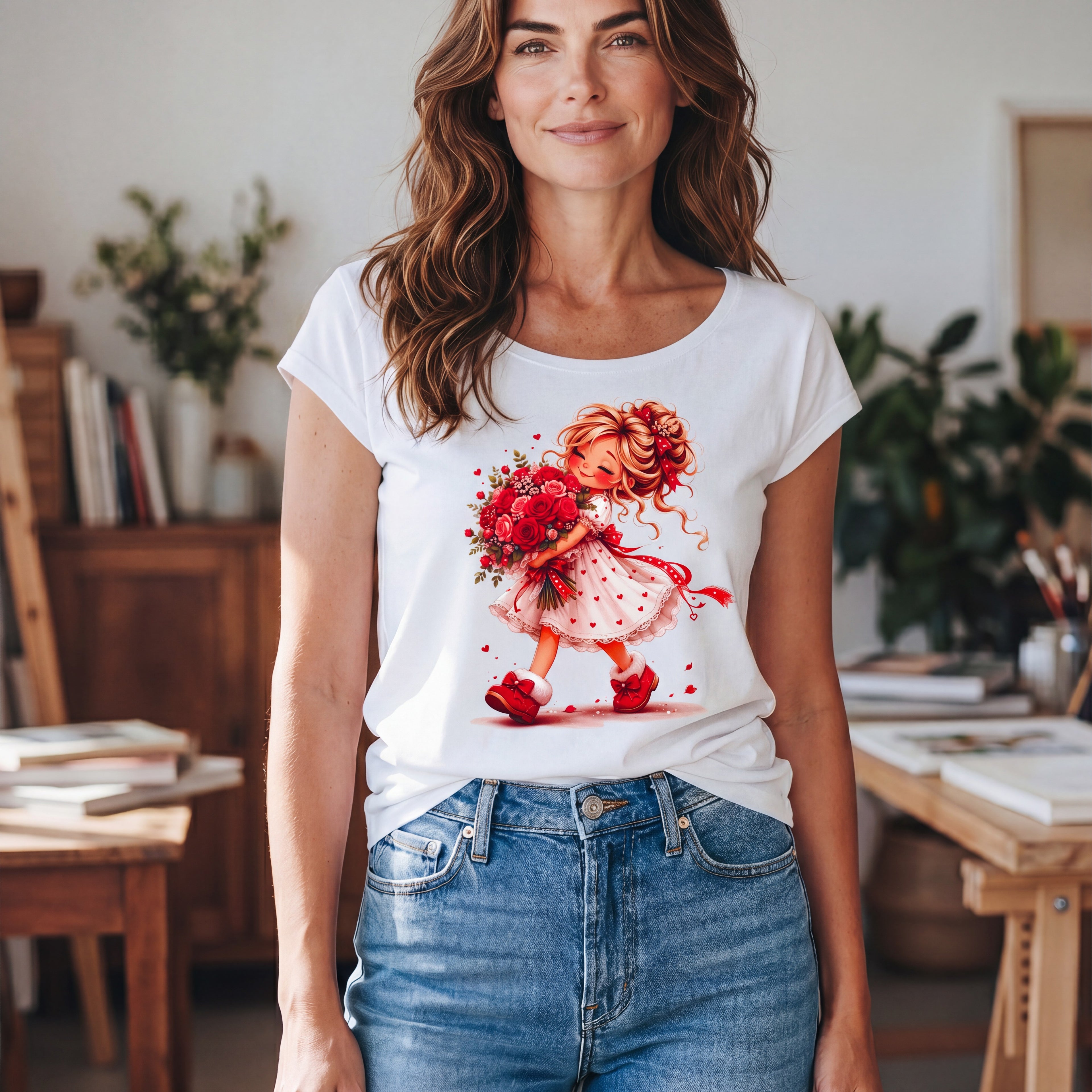 Dames wide neck T-shirt – Flower – korte mouw – comfortabel katoen