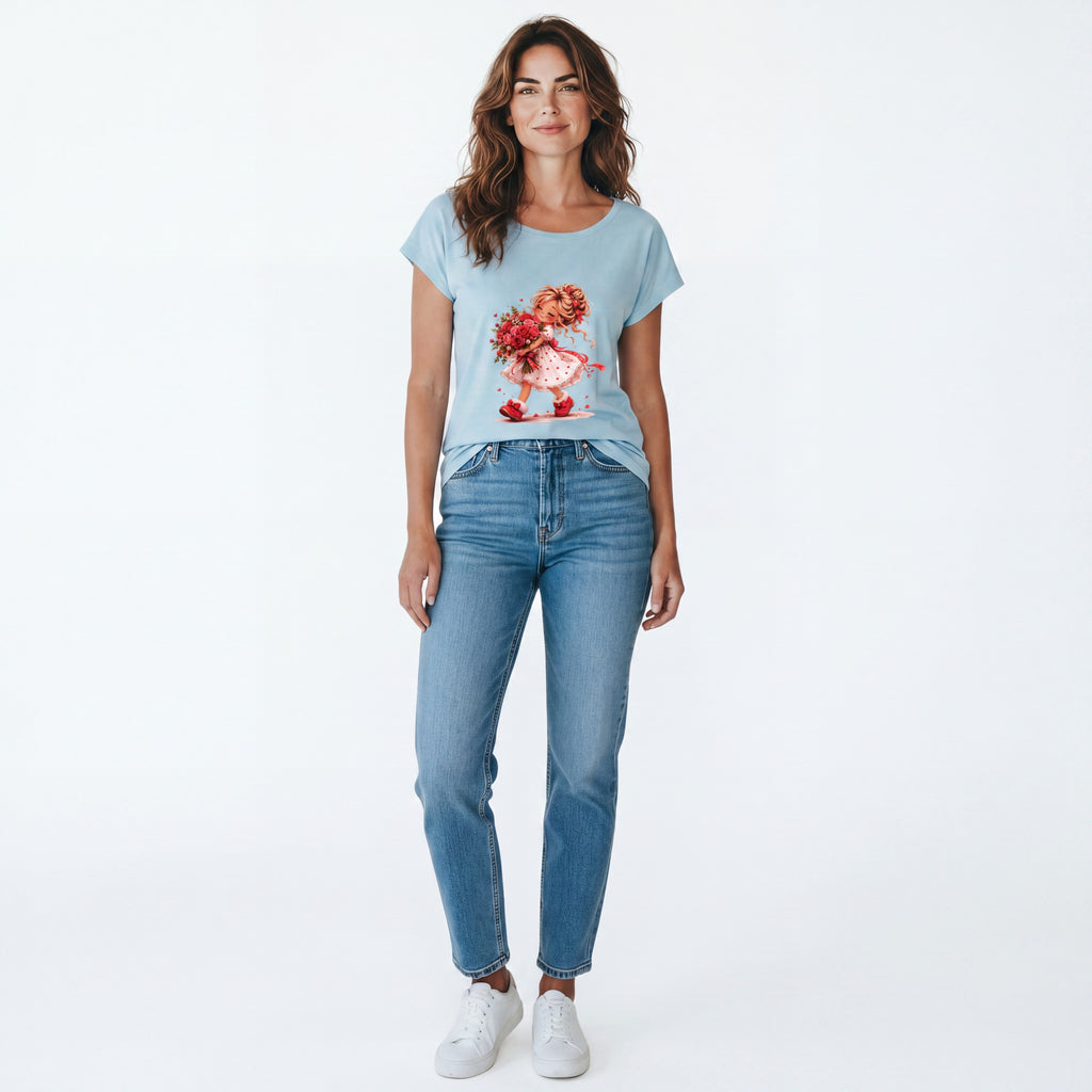 Dames wide neck T-shirt – Flower – korte mouw – comfortabel katoen