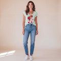 Dames wide neck T-shirt – Flower – korte mouw – comfortabel katoen