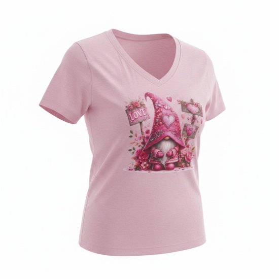 Dames T-shirt – V-hals met print – korte mouw – comfortabel katoen –kabouter