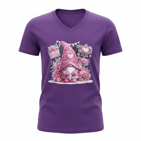 Dames T-shirt – V-hals met print – korte mouw – comfortabel katoen –kabouter