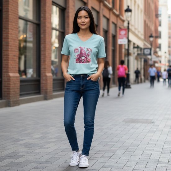 Dames T-shirt – V-hals met print – korte mouw – comfortabel katoen –kabouter