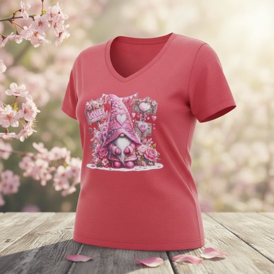 Dames T-shirt – V-hals met print – korte mouw – comfortabel katoen –kabouter