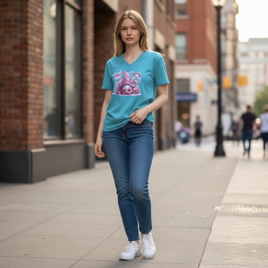 Dames T-shirt – V-hals met print – korte mouw – comfortabel katoen –kabouter