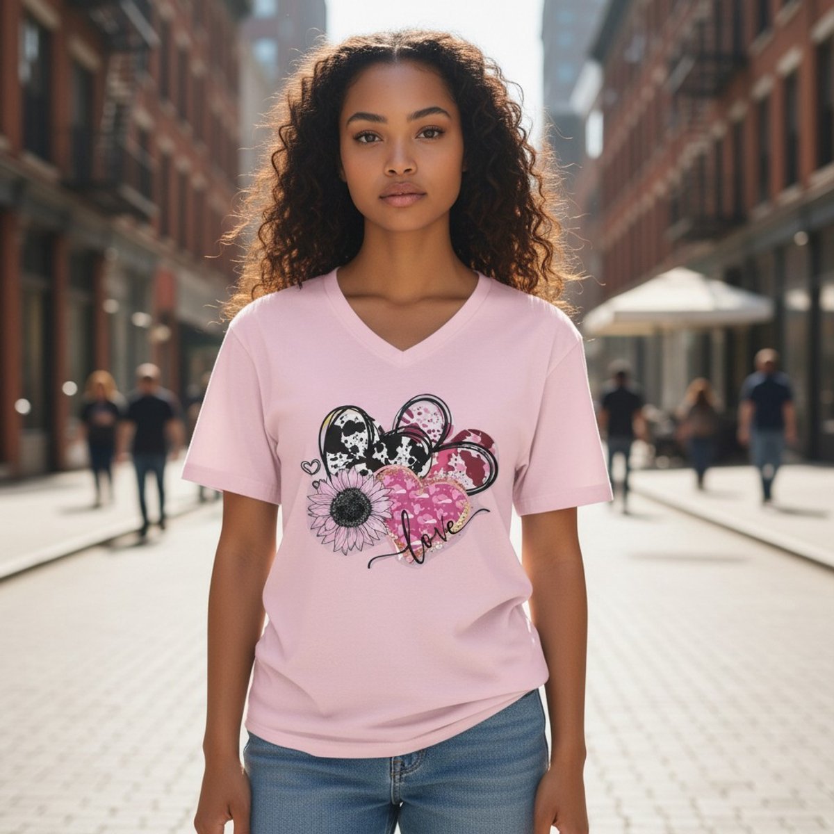 Dames T-shirt – V-hals met print – korte mouw – comfortabel katoen – Love