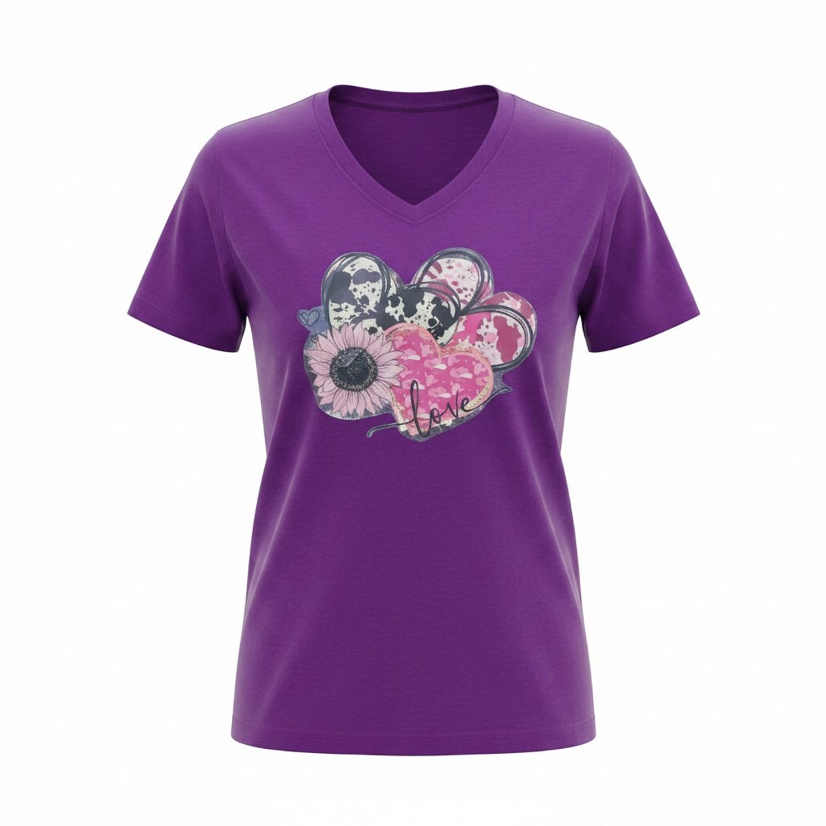 Dames T-shirt – V-hals met print – korte mouw – comfortabel katoen – Love