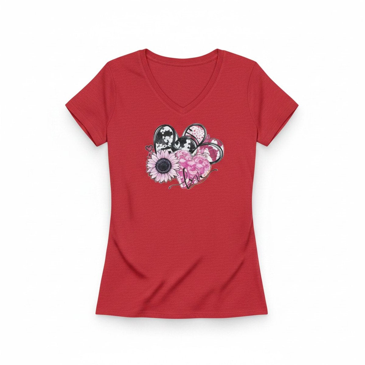 Dames T-shirt – V-hals met print – korte mouw – comfortabel katoen – Love