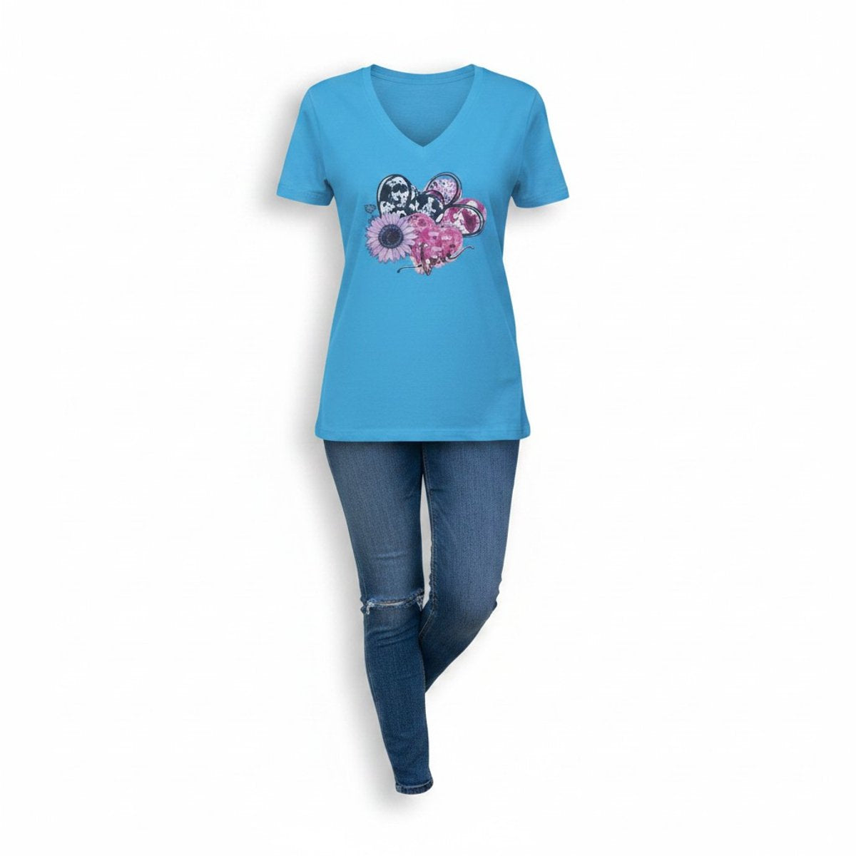 Dames T-shirt – V-hals met print – korte mouw – comfortabel katoen – Love