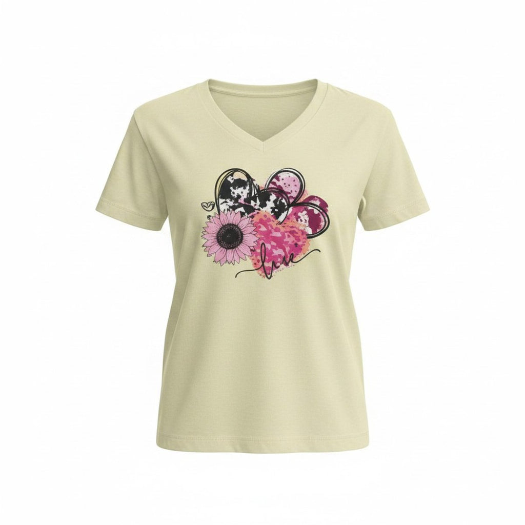 Dames T-shirt – V-hals met print – korte mouw – comfortabel katoen – Love