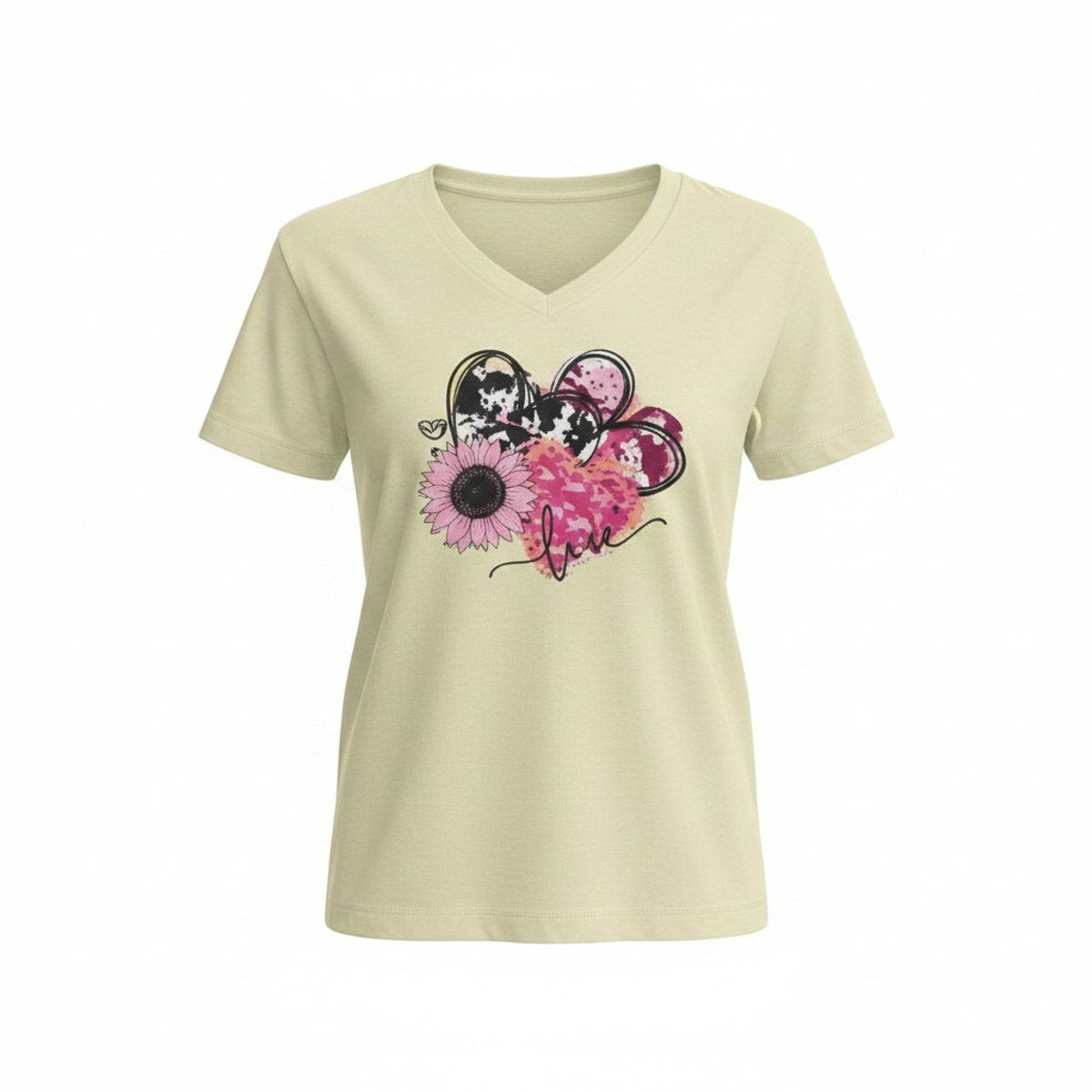Dames T-shirt – V-hals met print – korte mouw – comfortabel katoen – Love
