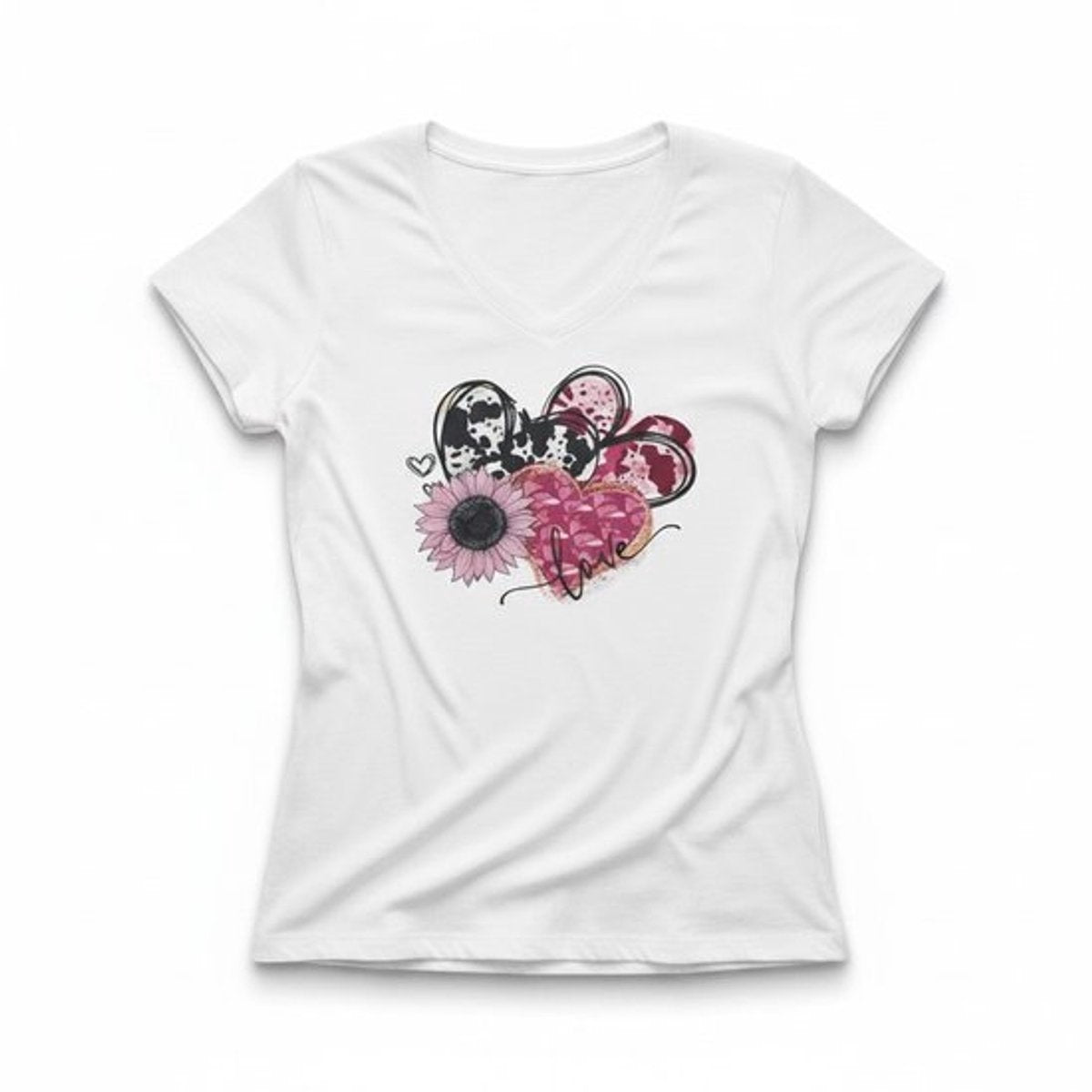 Dames T-shirt – V-hals met print – korte mouw – comfortabel katoen – Love