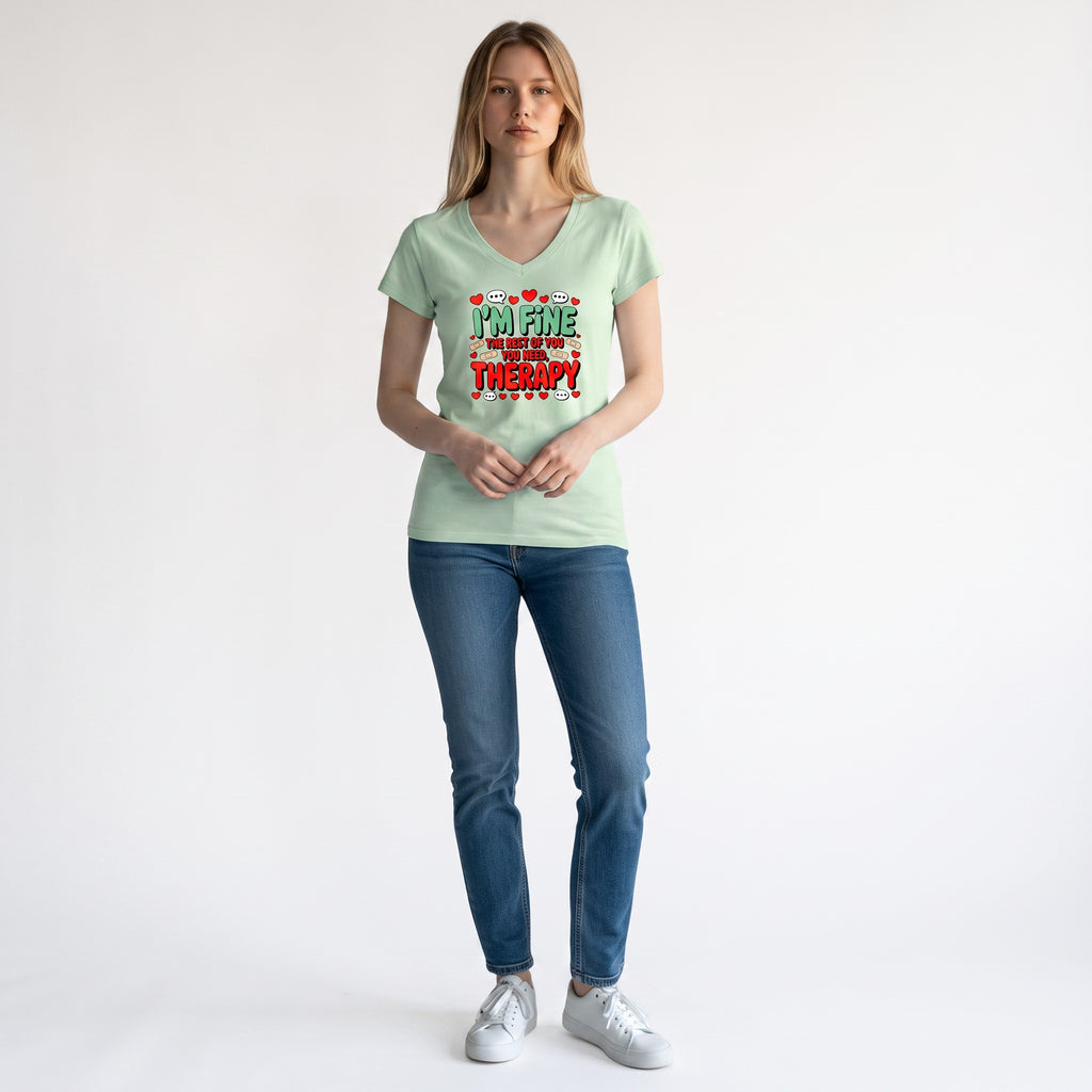 Dames T-shirt - I`m fine – V-hals met print – korte mouw – comfortabel katoen