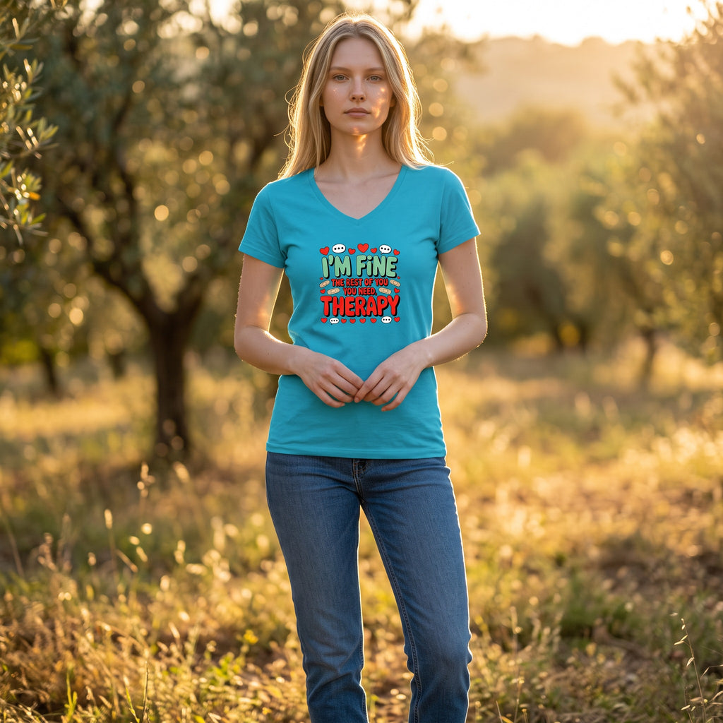 Dames T-shirt - I`m fine – V-hals met print – korte mouw – comfortabel katoen