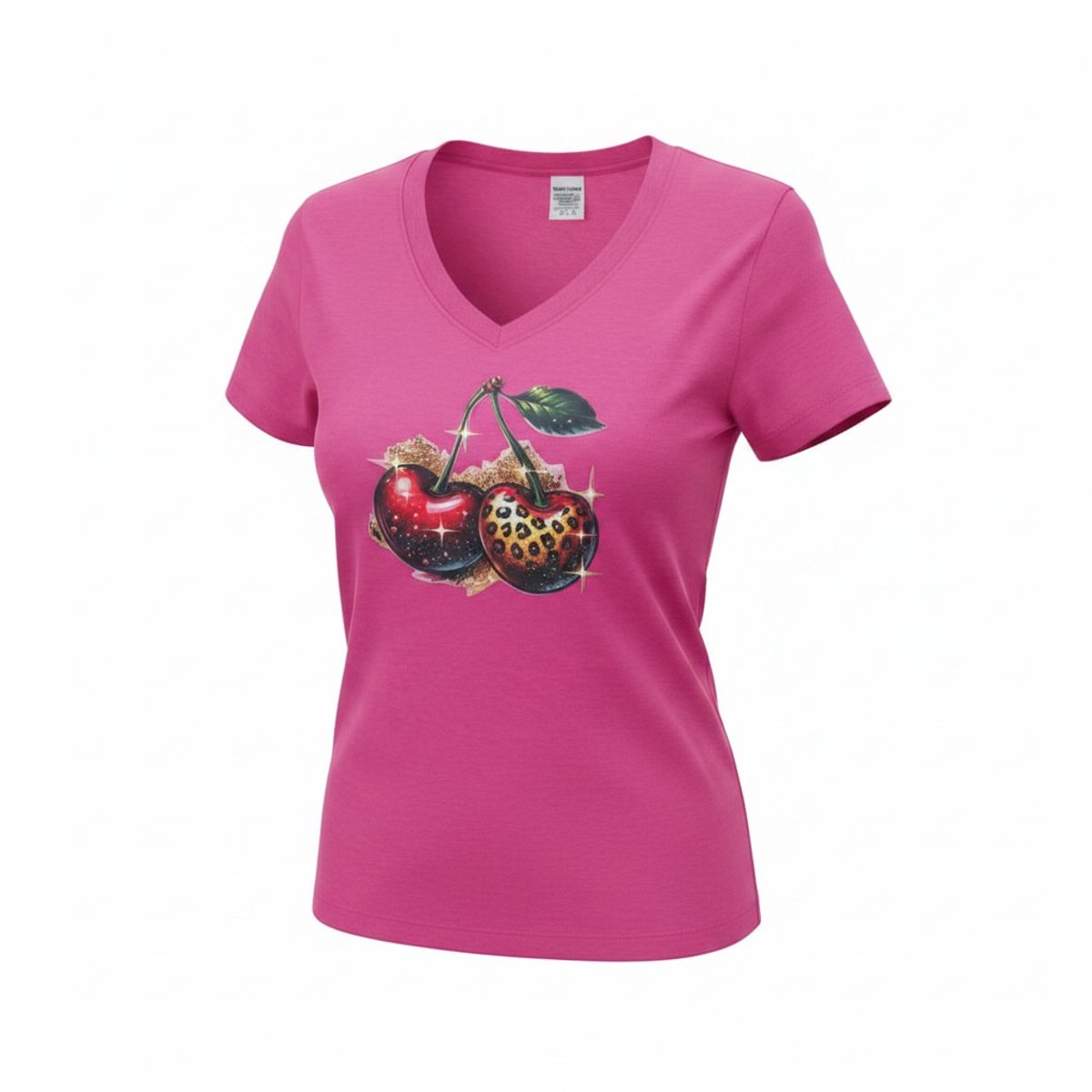 Dames shirt wit – V-hals - kersen – korte mouw – comfortabel katoen