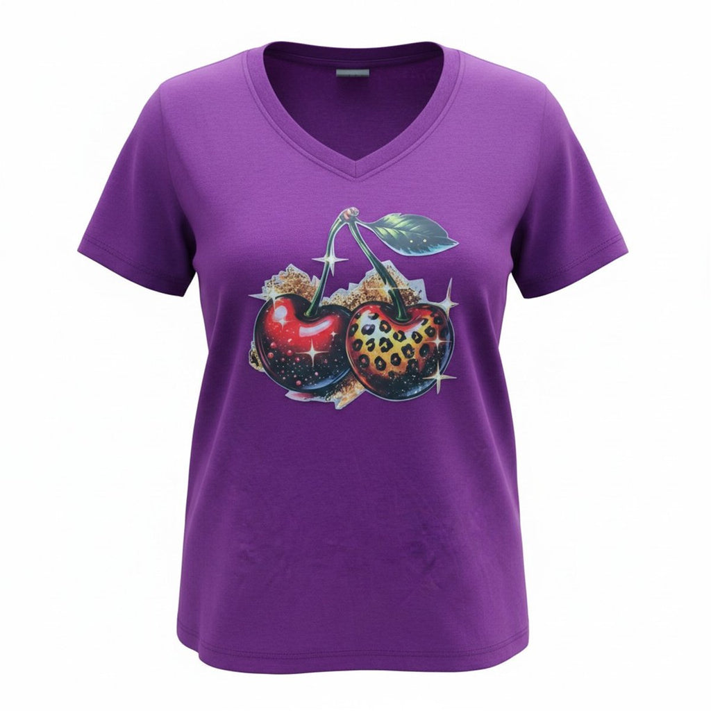 Dames shirt wit – V-hals - kersen – korte mouw – comfortabel katoen