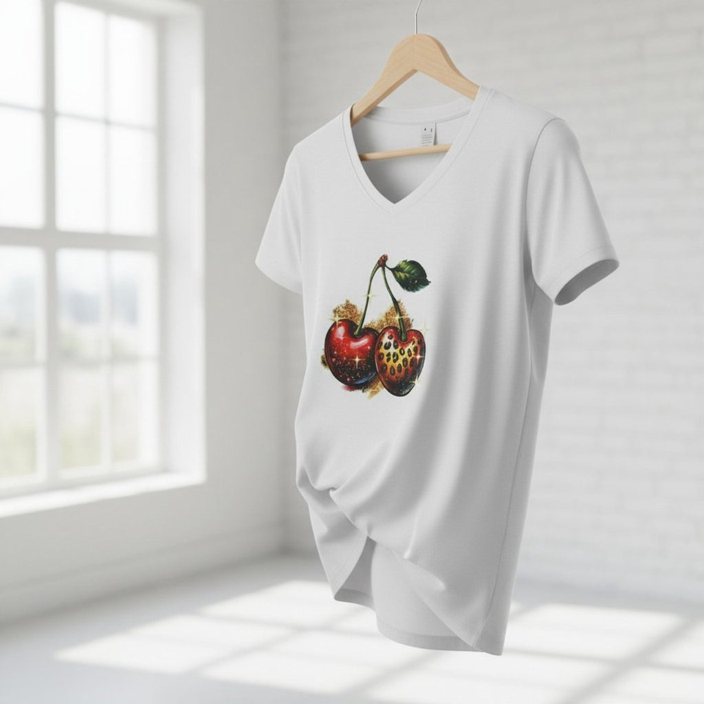 Dames shirt wit – V-hals - kersen – korte mouw – comfortabel katoen