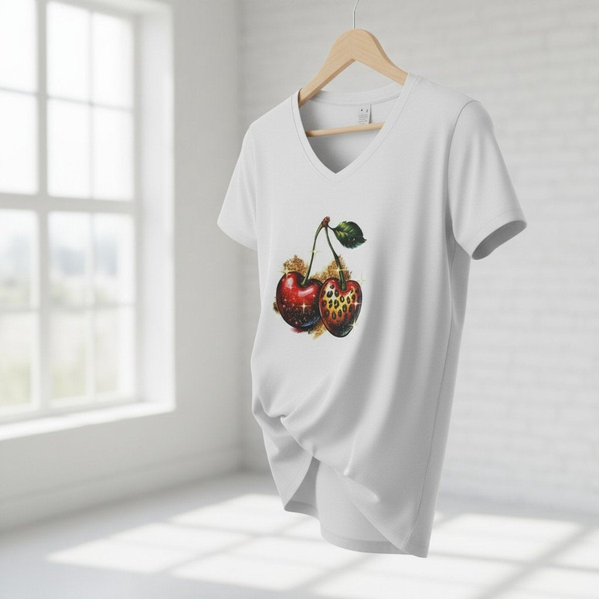 Dames shirt wit – V-hals - kersen – korte mouw – comfortabel katoen