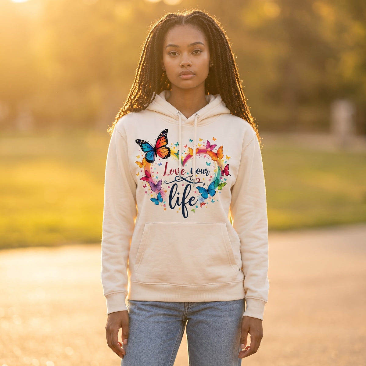 Sweatshirt- Hoodie - Love your life- lichtgeel - comfortabel katoen