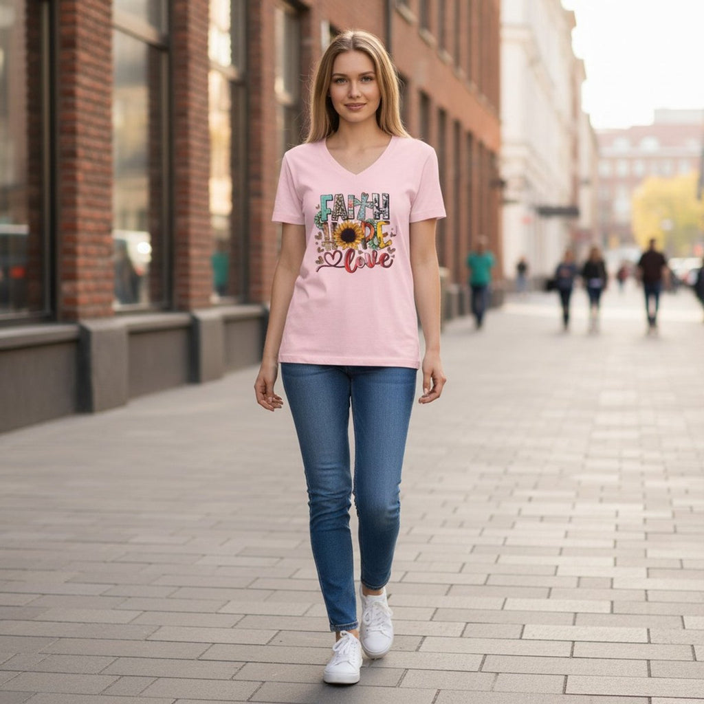 Dames T-shirt roze- Faith – V-hals met print – korte mouw – comfortabel katoen