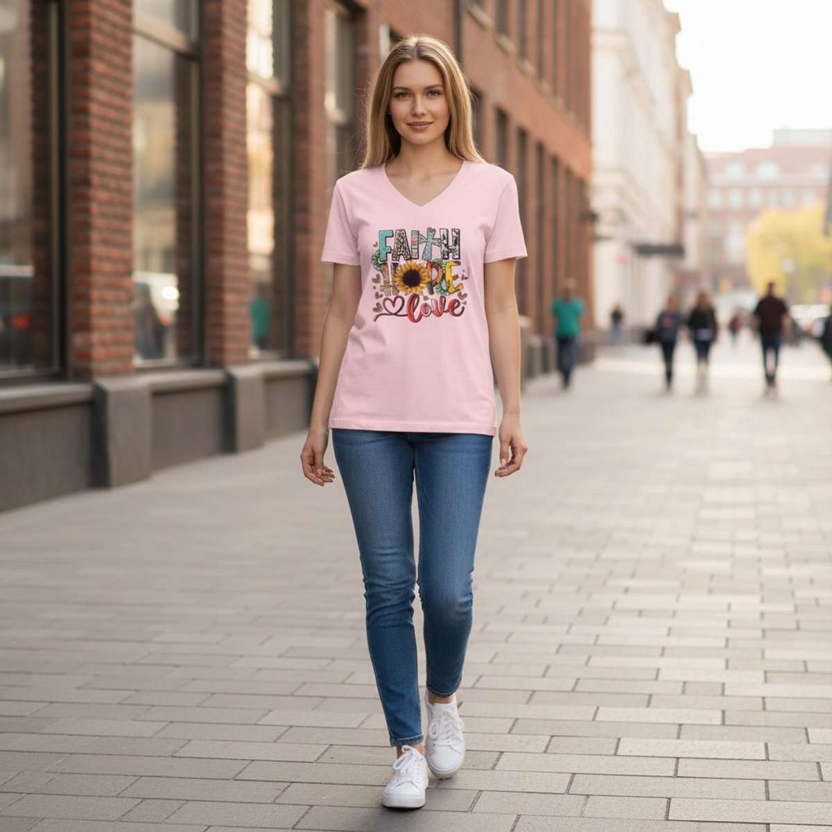 Dames T-shirt roze- Faith – V-hals met print – korte mouw – comfortabel katoen