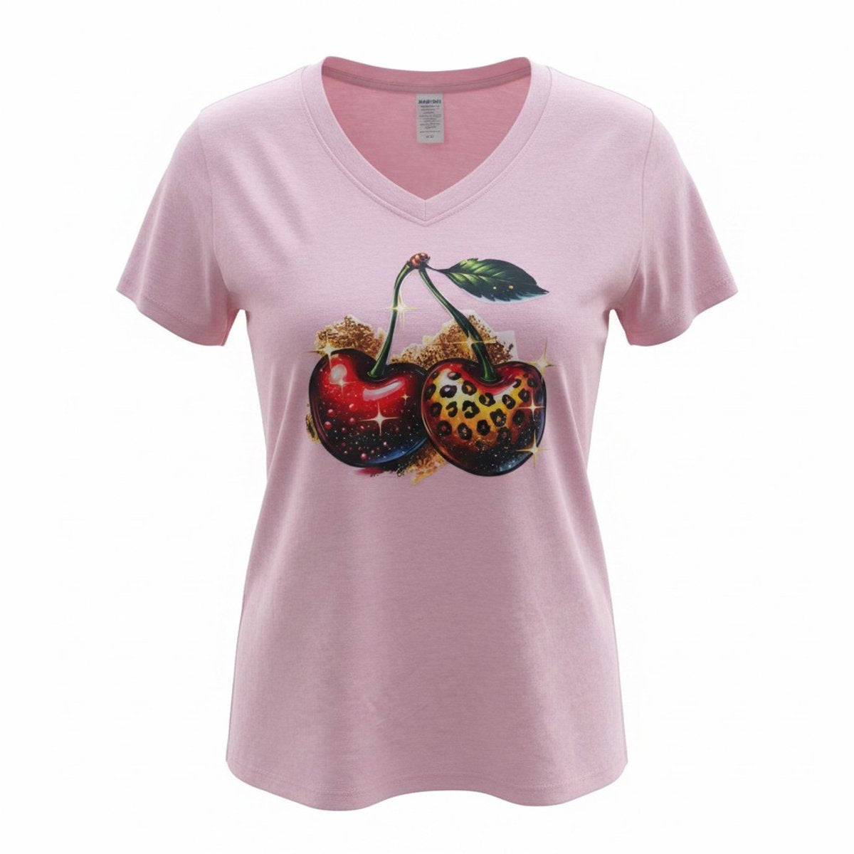 Dames shirt wit – V-hals - kersen – korte mouw – comfortabel katoen