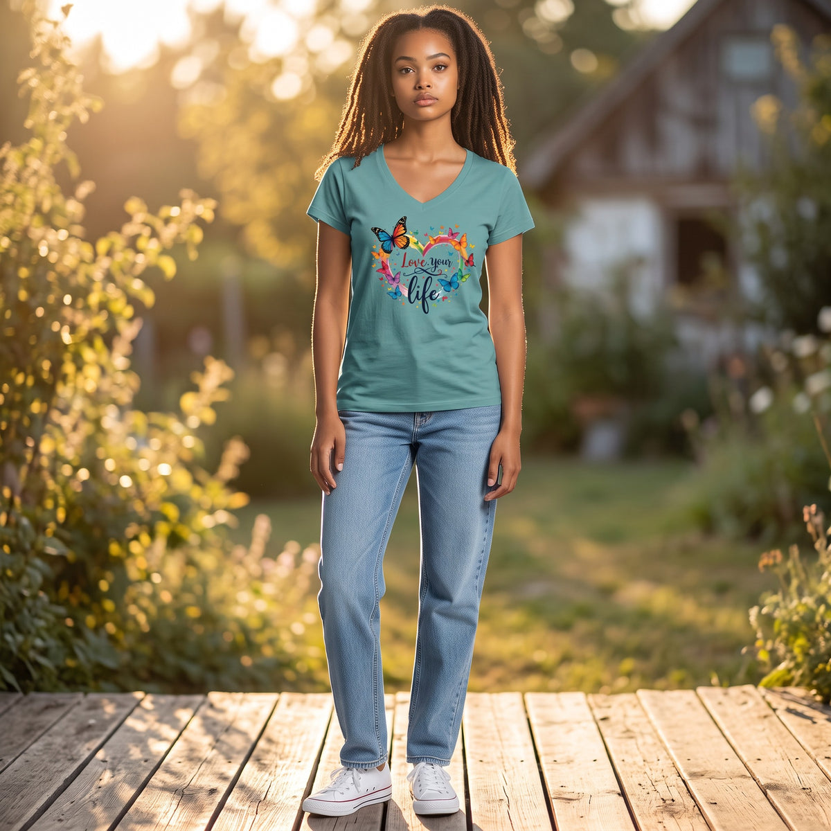 Dames T-shirt - Love your Life – V-hals met print – korte mouw – comfortabel katoen