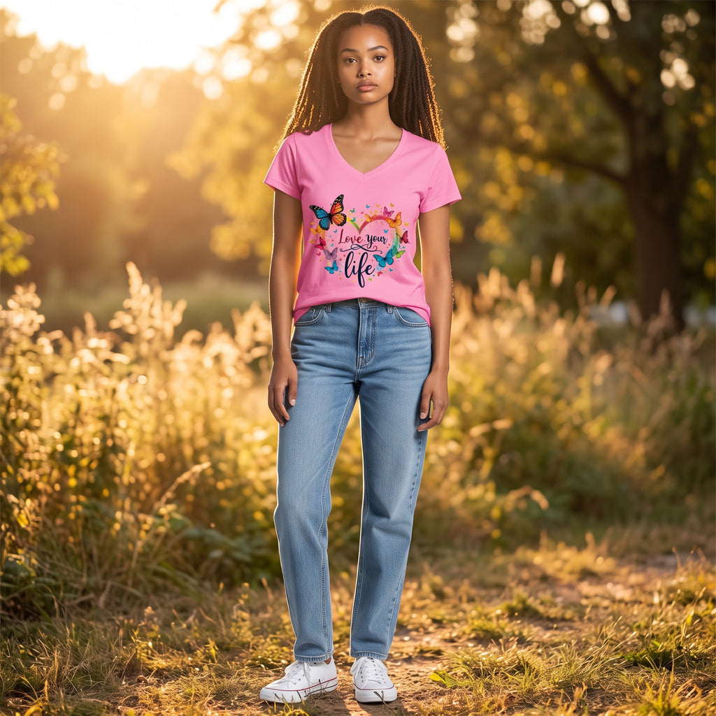 Dames T-shirt - Love your Life – V-hals met print – korte mouw – comfortabel katoen