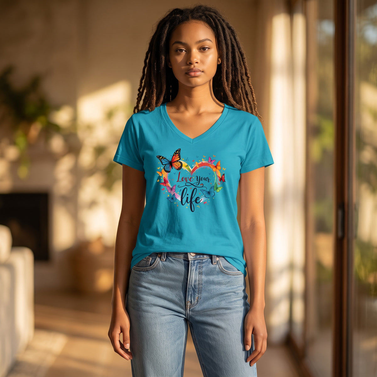 Dames T-shirt - Love your Life – V-hals met print – korte mouw – comfortabel katoen