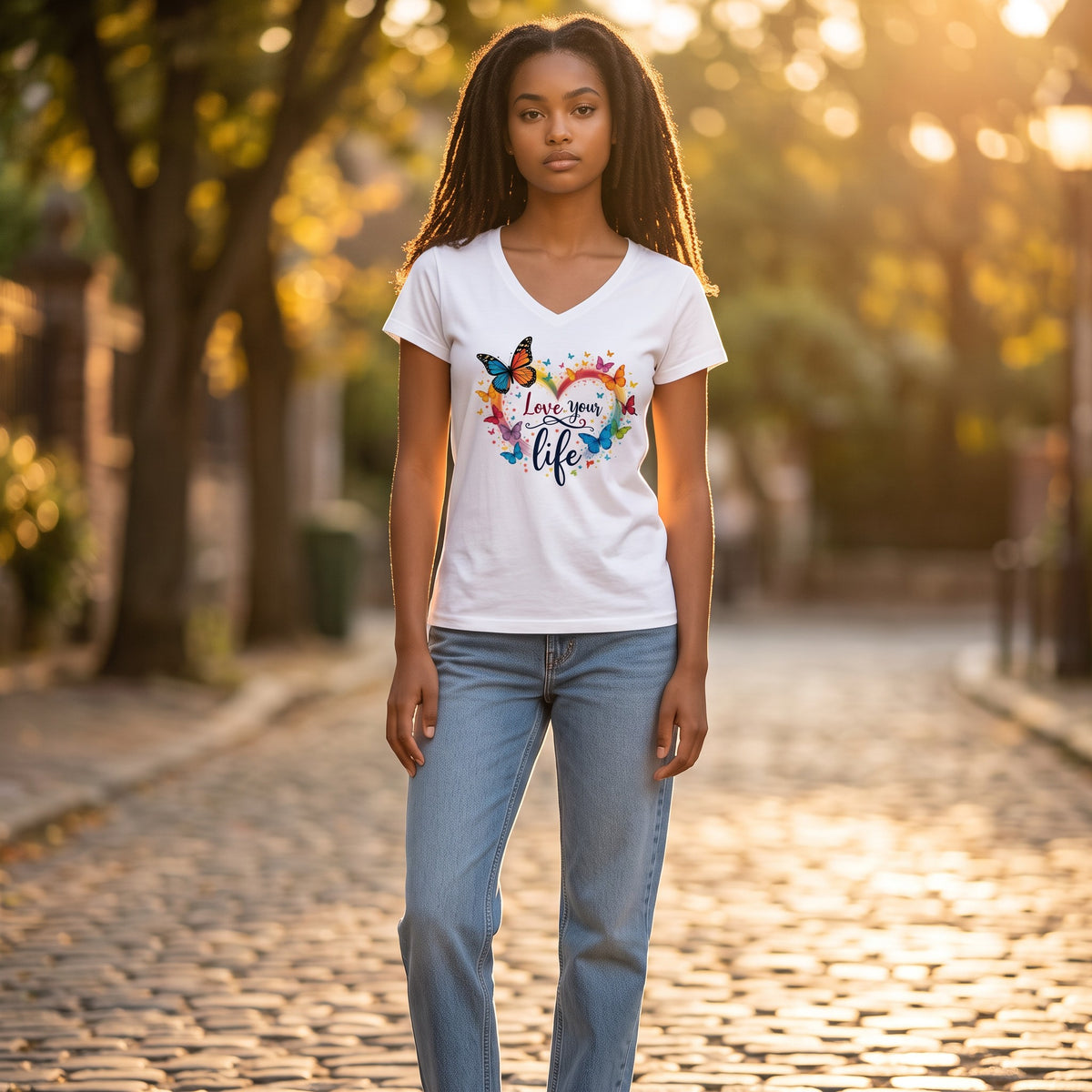 Dames T-shirt - Love your Life – V-hals met print – korte mouw – comfortabel katoen