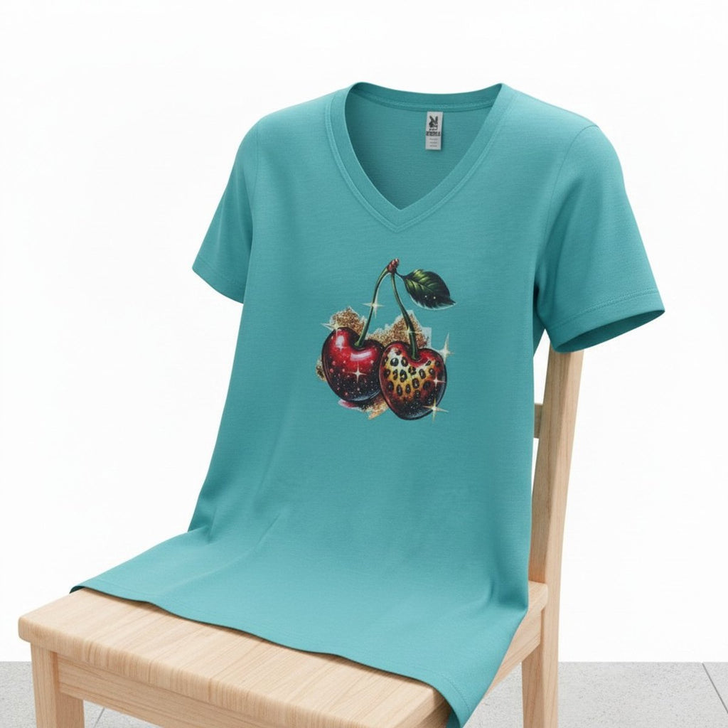 Dames shirt wit – V-hals - kersen – korte mouw – comfortabel katoen