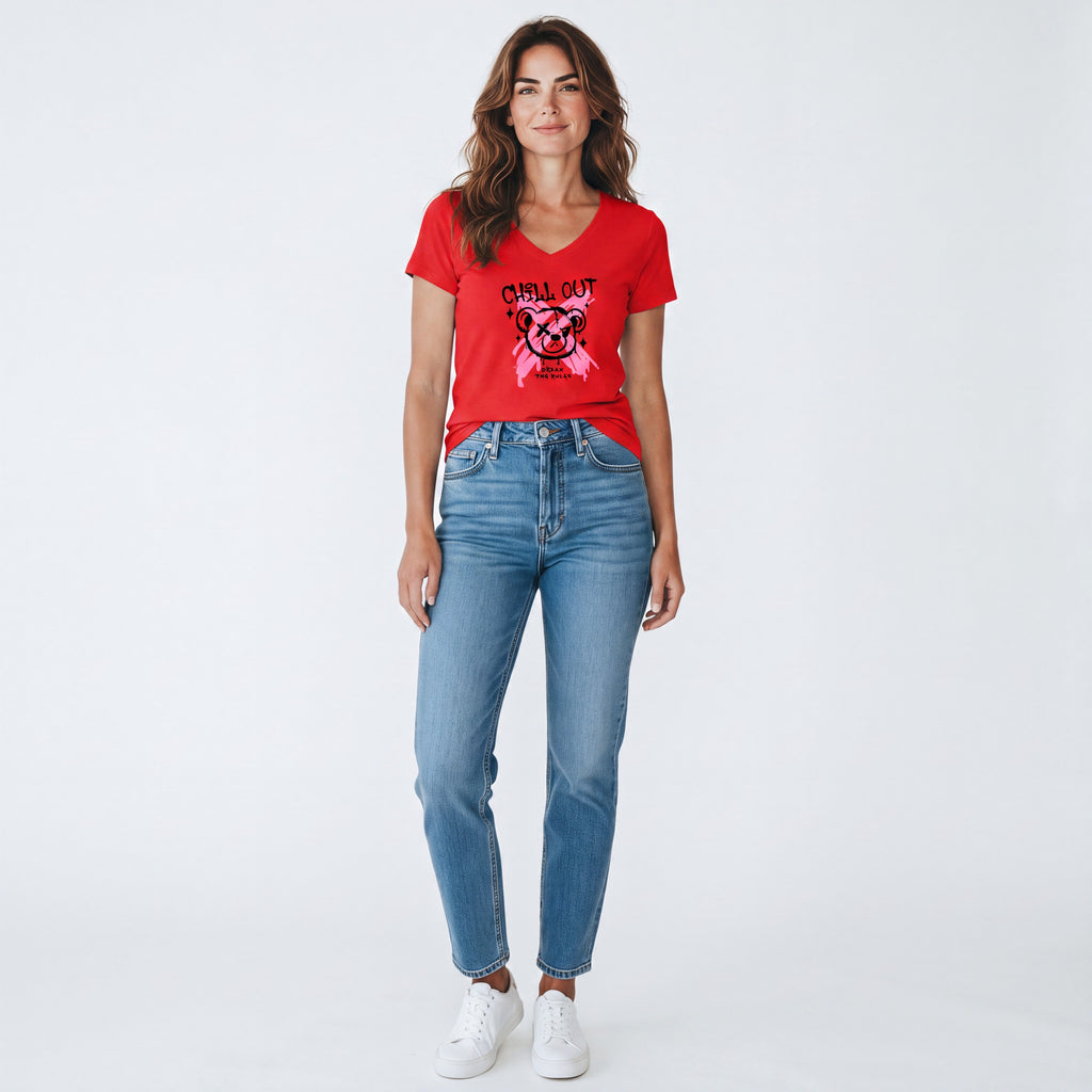 Dames shirt - V-hals met print – korte mouw – comfortabel katoen - Chillout