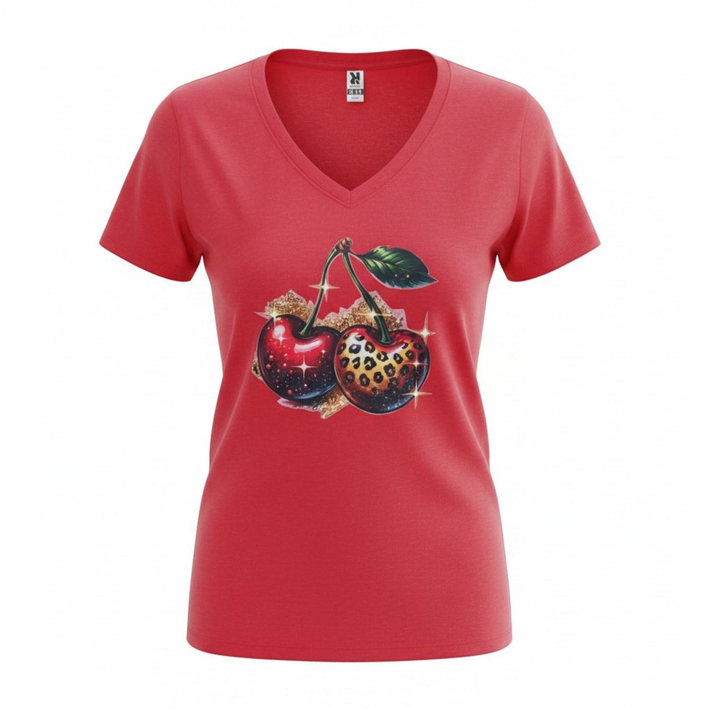 Dames shirt wit – V-hals - kersen – korte mouw – comfortabel katoen
