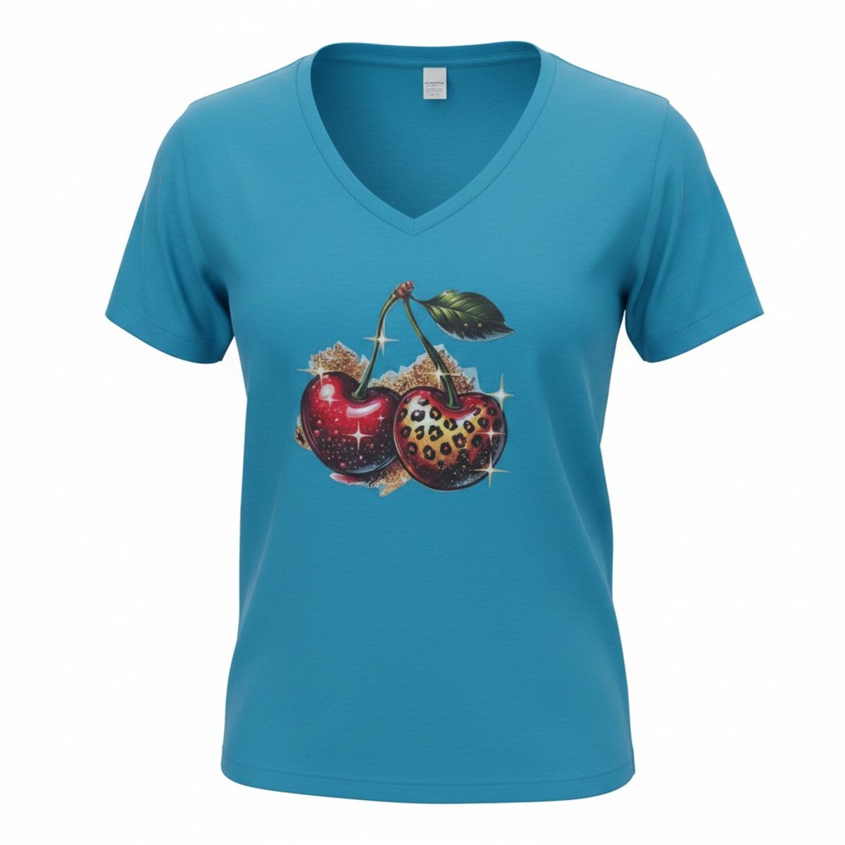 Dames shirt wit – V-hals - kersen – korte mouw – comfortabel katoen
