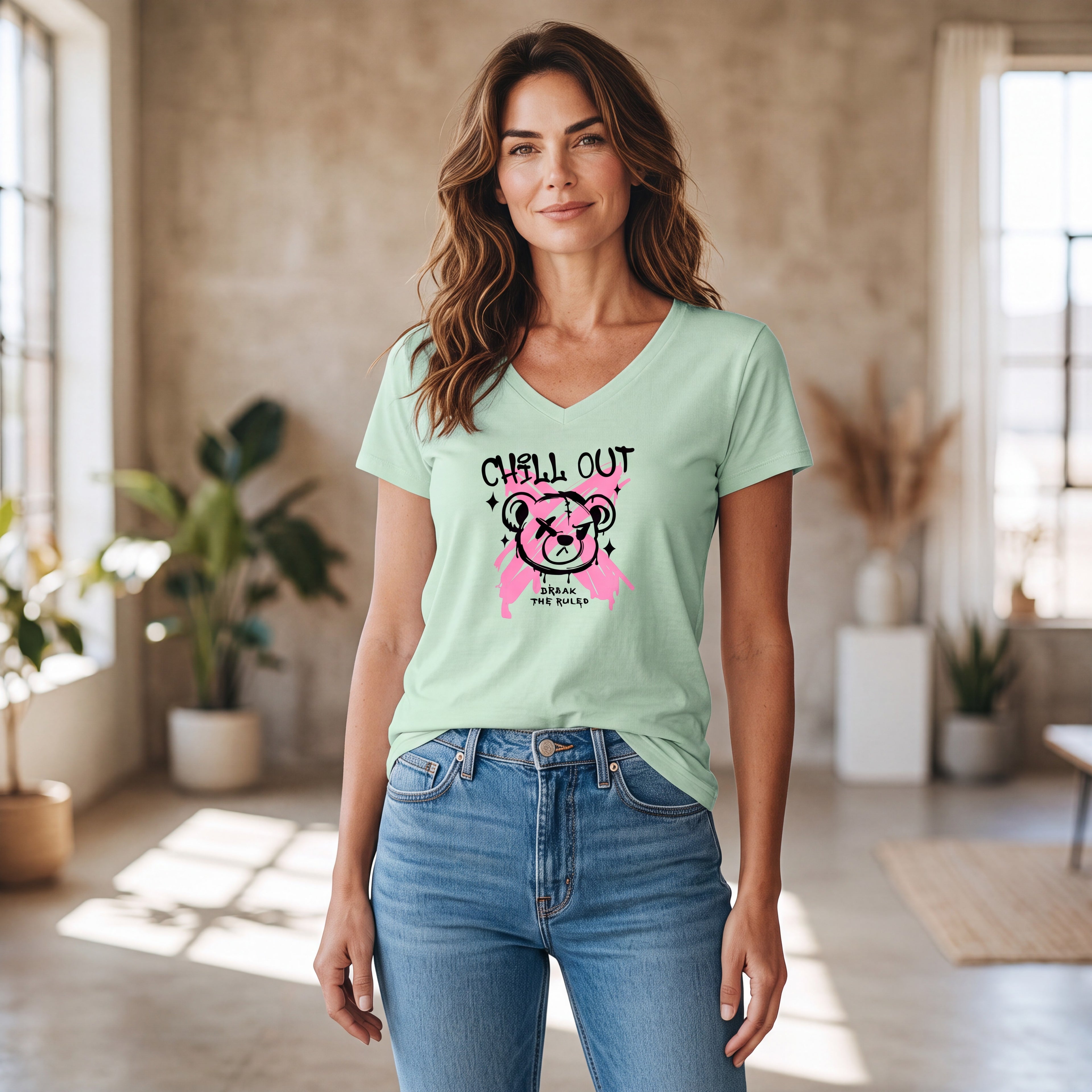 Dames shirt -Chillout- V-hals met print – korte mouw – comfortabel katoen (Kopie)
