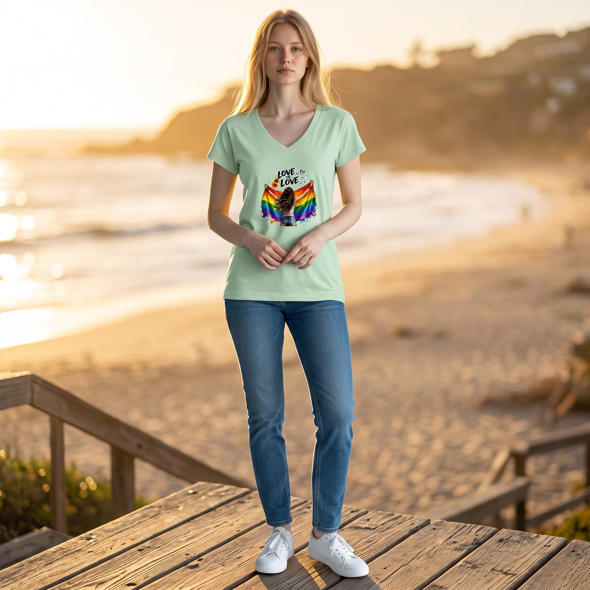 Dames shirt -Love is Love - V-hals met print – korte mouw – comfortabel katoen